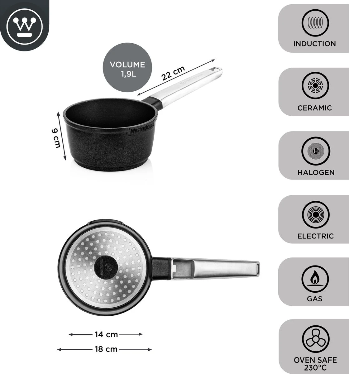 Westinghouse Performance Series - Steelpan Inductie 18cm - Zwart - Geschikt Voor Alle Warmtebronnen Inclusief Inductie En Ovenbestendig - Sauspan 3 Westinghouse Performance Series - Steelpan Inductie 18cm - Zwart - Geschikt Voor Alle Warmtebronnen Inclusief Inductie En Ovenbestendig - Sauspan - Afbeelding 3