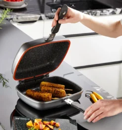 Herenthal Dubbele Grillpan - Ø 28 Cm - Koekenpan - Keramische Pan - Marmeren Coating Met Antiaanbaklaag - PFAS & PFOA Vrij - Pan - Grill - Vermindert Geur, Rook En Oliespatten - Zilver -Keukengerei Winkel 1132x1200