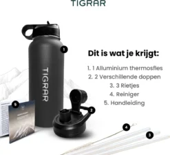 Tigrar - Drinkfles - Waterfles - Thermosfles 1 Liter - RVS - (Grafiet) Zwart - Incl. Extra Dop 3 Rietjes En Reiniger -Keukengerei Winkel 1200x1092 1