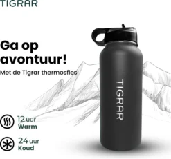 Tigrar - Drinkfles - Waterfles - Thermosfles 1 Liter - RVS - (Grafiet) Zwart - Incl. Extra Dop 3 Rietjes En Reiniger -Keukengerei Winkel 1200x1116 1