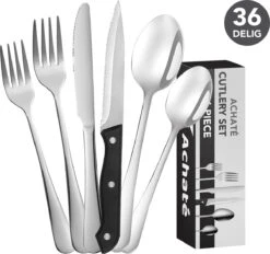 Achaté Bestekset 6 Persoons - 36-delig - RVS - Lepels, Messen, Vorken En Steakmessen - Hoogwaardige Kwaliteit - Vaatwasser Bestendig - Zilver