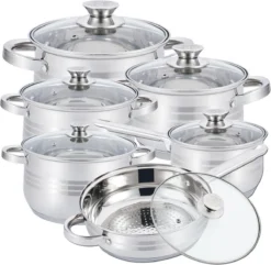 Herzberg Pannenset – 12-Delig – Voor Inductie En Gas – Vaatwasser Bestendig – RVS Met Glazen Deksels