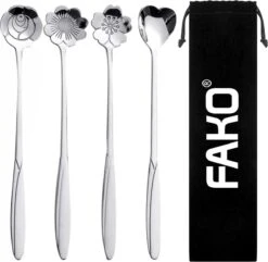 Fako Bijoux® - 4 Lange Lepels Bloem Motief - Latte Macchiato - Longdrink - Cocktail - Dessert - IJs - Koffie - Zilver - 4 Stuks - Bewaarzakje