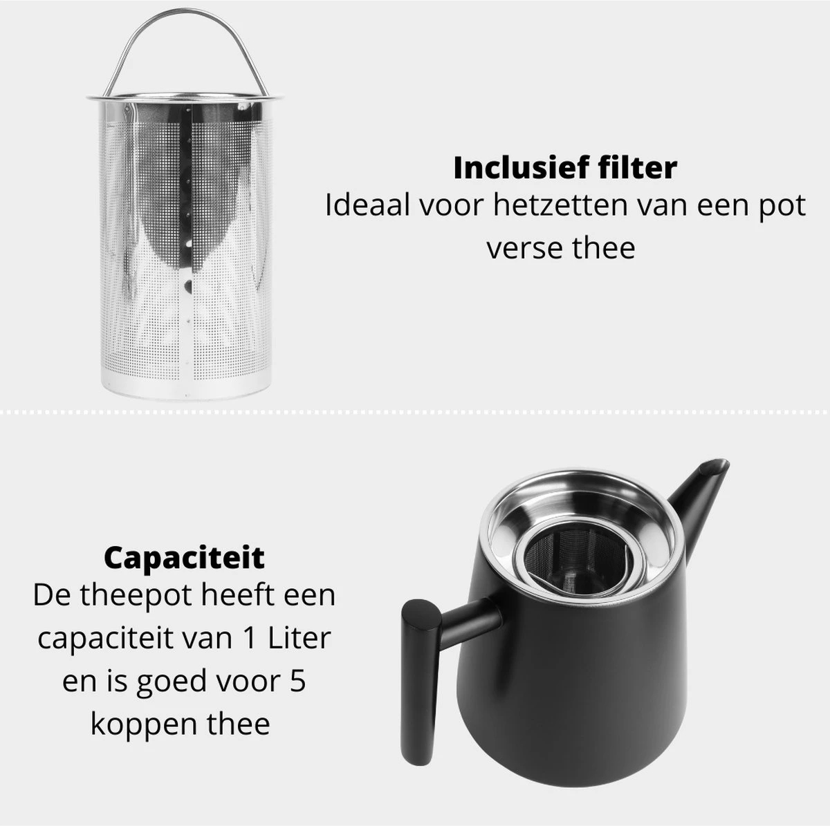 Castagnola Theepot Met Filter – Theekan – Theepot Dubbelwandig – Theepot Roestvrijstaal – Hoogwaardig RVS – 1 Liter – 5 Kopjes Thee – Zwart 6 Castagnola Theepot Met Filter – Theekan – Theepot Dubbelwandig – Theepot Roestvrijstaal – Hoogwaardig RVS – 1 Liter – 5 Kopjes Thee – Zwart - Afbeelding 6