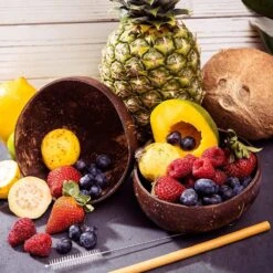 Ecowize Coconut Bowls (Set Van 3) - Kokosnoot Kom & Schaal - Met 3 Lepels, 3 Vorken En 8 Bamboe Rietjes - Zero Waste & Herbruikbaar - Duurzaam Cadeau -Keukengerei Winkel 1200x1200 1555