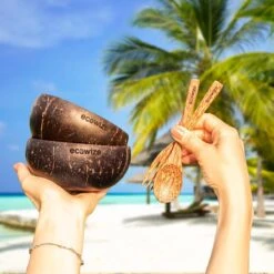 Ecowize Coconut Bowls (Set Van 3) - Kokosnoot Kom & Schaal - Met 3 Lepels, 3 Vorken En 8 Bamboe Rietjes - Zero Waste & Herbruikbaar - Duurzaam Cadeau -Keukengerei Winkel 1200x1200 1558