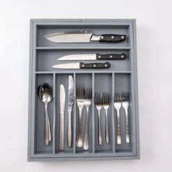 Merkloos Decopatent® Uitschuifbaar Bestekbak - Besteklade - 7 Vaks -> Uitschuifbaar Naar 9 Vakken - Bestekbakken Organizer - Bamboe - Grijs -Keukengerei Winkel 1200x1200 1680
