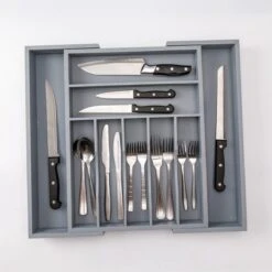 Merkloos Decopatent® Uitschuifbaar Bestekbak - Besteklade - 7 Vaks -> Uitschuifbaar Naar 9 Vakken - Bestekbakken Organizer - Bamboe - Grijs -Keukengerei Winkel 1200x1200 1681