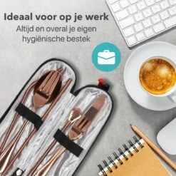 Damster Reisbestek - Verbeterde Versie - Meeneem Bestek Rvs - Reis Bestekset To Go - Incl. Herbruikbare Rietjes - Eenpersoons - Achtdelig - Roodgoud -Keukengerei Winkel 1200x1200 1704