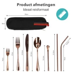 Damster Reisbestek - Verbeterde Versie - Meeneem Bestek Rvs - Reis Bestekset To Go - Incl. Herbruikbare Rietjes - Eenpersoons - Achtdelig - Roodgoud -Keukengerei Winkel 1200x1200 1706