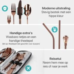 Damster Reisbestek - Verbeterde Versie - Meeneem Bestek Rvs - Reis Bestekset To Go - Incl. Herbruikbare Rietjes - Eenpersoons - Achtdelig - Roodgoud -Keukengerei Winkel 1200x1200 1707