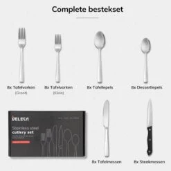 Deleca 8 Persoons Bestekset (48-delig) - Lepels, Messen, Vorken & Steakmessen - Vaatwasserbestendig - Zilver / RVS -Keukengerei Winkel 1200x1200 1736