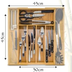 AWEMOZ Bestekbak – Bamboe Besteklade Uitschuifbaar – 5/7 Vakken - Bestekcassette - Bestekhouder Hout - Lade Organizer - Bestek Opbergen - 45 Cm Lang X 30-43 Cm Breed X 4 Cm Hoog -Keukengerei Winkel 1200x1200 1839