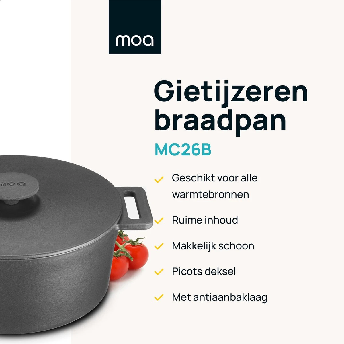 MOA Gietijzeren Braadpan - Inhoud 4,75 Liter - 26CM - Rond - Alle Warmtebronnen - Ook Voor Inductie - Gewicht 5,8 Kg - Zwart - MOAMC26B 2 MOA Gietijzeren Braadpan - Inhoud 4,75 Liter - 26CM - Rond - Alle Warmtebronnen - Ook Voor Inductie - Gewicht 5,8 Kg - Zwart - MOAMC26B - Afbeelding 2