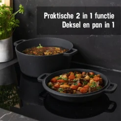 Daumonet Ducasse Gietijzeren Double Use Braadpan - Combi Sudderpan Zwart - 2-in-1 Bak- En Braadpan - PFAS & PFOA Vrij - Rond - Ø 26 Cm - 4,4 Liter - Emaille - Alle Warmtebronnen - Elektrisch - Gas - Halogeen - Inductie - Keramisch -Keukengerei Winkel 1200x1200 615