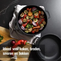Daumonet Ducasse Gietijzeren Double Use Braadpan - Combi Sudderpan Zwart - 2-in-1 Bak- En Braadpan - PFAS & PFOA Vrij - Rond - Ø 26 Cm - 4,4 Liter - Emaille - Alle Warmtebronnen - Elektrisch - Gas - Halogeen - Inductie - Keramisch -Keukengerei Winkel 1200x1200 616