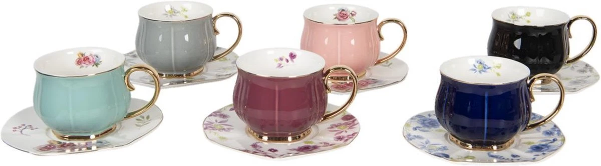 Clayre & Eef Kop En Schotel Set Van 6 250 Ml Meerkleurig Porselein Rond Bloemen Servies Cadeau Voor Haar Cappuccino 11 Clayre & Eef Kop En Schotel Set Van 6 250 Ml Meerkleurig Porselein Rond Bloemen Servies Cadeau Voor Haar Cappuccino - Afbeelding 11