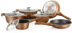 Herenthal Royal HT-CBS1010M - Pannenset - 10 Delig - Marmeren Coating - Met Glazen Deksels - Inductie - Brons Koper