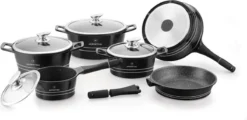 Herenthal Luxe Pannenset - 14-delig - Glazen Deksel - Inductie - Marmeren Coating - PFAS-vrij - Zwart - ES1014M