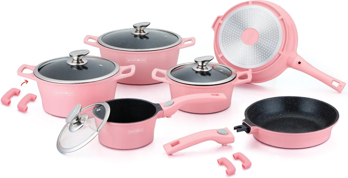 Royalty Line Inductie Pannenset - Luxe 14-delige Pannenset Marmeren Coating - Pannen Met Afneembare Handvaten - Oven-Ready - PFAS-Vrij - Voor Alle Warmtebronnen - Afneembare Koudgrepen - Antiaanbaklaag - Koekenpan Met Glazen Deksels - Roze