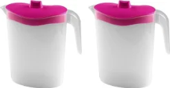 2x Waterkannen/sapkannen Met Roze Deksel 2,5 Liter 11 X 23 X 26 Cm Kunststof - Sapkannen/waterkannen/schenkkannen/limonadekannen