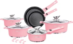 Swiss Pro+ | Set 14 Delige Pannenset | Inductie - Pannensets - Glazen Deksel - Met Afneembare Handgreep - Marmeren Interieur -PFAS-vrij | Pink