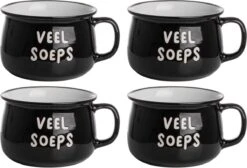 Gusta - Soepkom - Zwart Met Tekst - 500ml - Set 4 Stuks