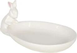 Clayre & Eef Serveerschaal 20x13x8 Cm Wit Keramiek Ovaal Konijn Presenteerschaal Dienblad Decoratie Schaal