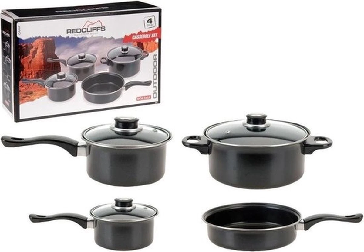 Redcliffs 4-delige Pannenset - Met 3 Glazen Deksels - Anti-Aanbaklaag - Camping/ Kamperen - Steelpannen, Hapjespan, Kookpan
