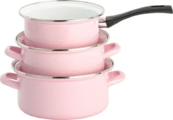Lite-Body Pannenset - 3-delig - 2 Kookpannen & 1 Steelpan - Emaille - Serafijn Roze -Keukengerei Winkel 1200x836