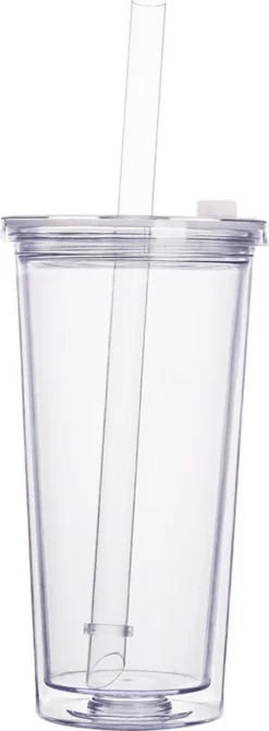 Merkloos Beker Met Rietje Deksel En Schoonmaakborstel - 550 Ml - Transparant - Herbruikbare Plastic Drinkbeker - Dubbelwandig - Koffiebeker To Go Beker