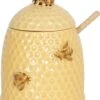 Clayre & Eef Honingpot Met Lepel Ø 11x14 Cm Geel Keramiek Rond Bijen Voorraadpot Deksel Bewaarpot Opbergpot